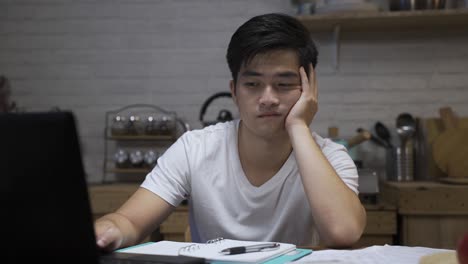 depressed asian male doing paperwork on living cost with computer is holding face in despair feeling worried about money problem in the dining room at home.