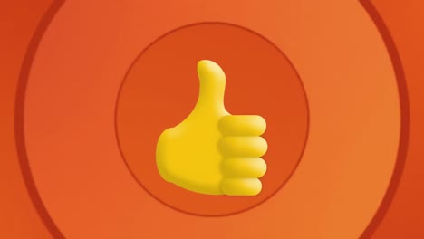 Digital-animation-of-thumbs-up-icons-against-concentric-circles-on-orange-background