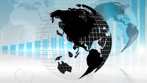 animation of globe over statistics, world map and data processing