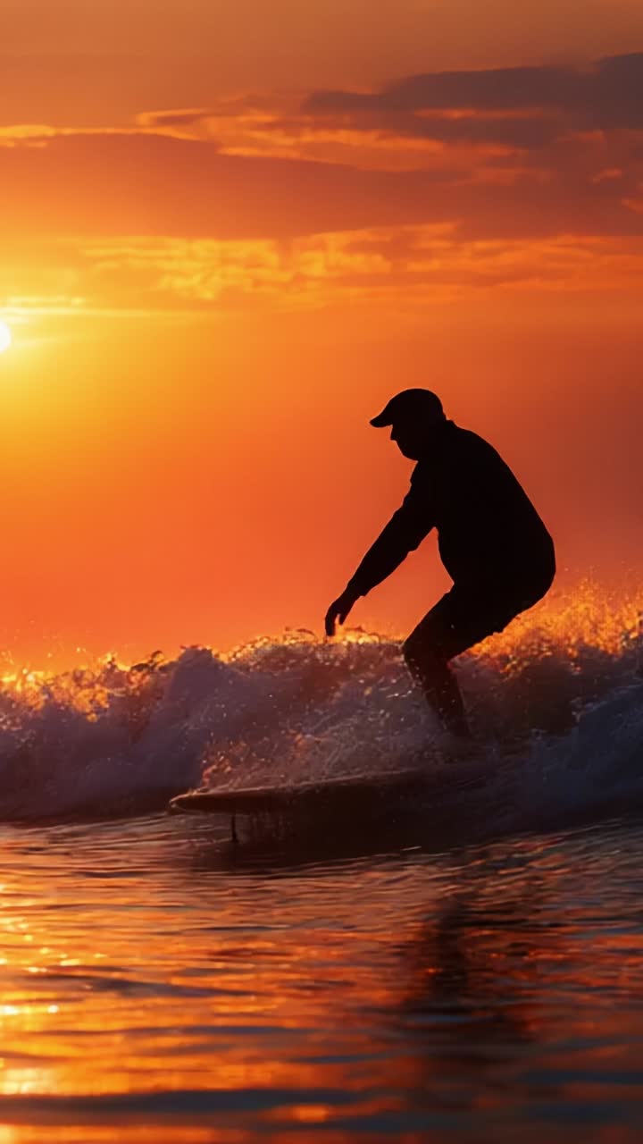 Surfista che cavalca le onde al tramonto: cattura di un momento esaltante nell'oceano con colori vivaci e figura in silhouette su un orizzonte mozzafiato
