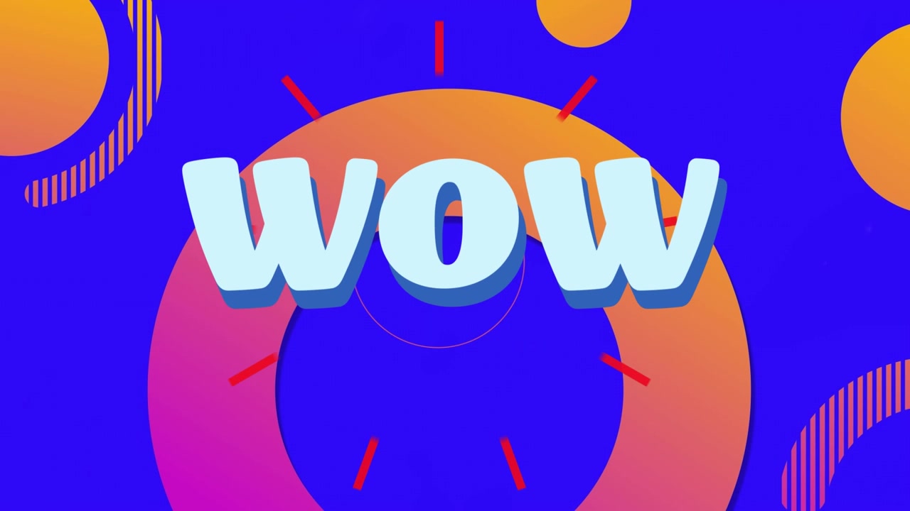 Soyut şekiller arka planı üzerinde "wow" metin animasyonu
