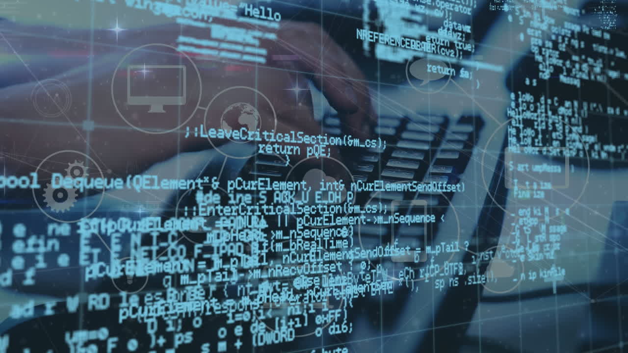 animación de procesamiento de datos y cerebro digital sobre empresario caucásico y cables de computadora