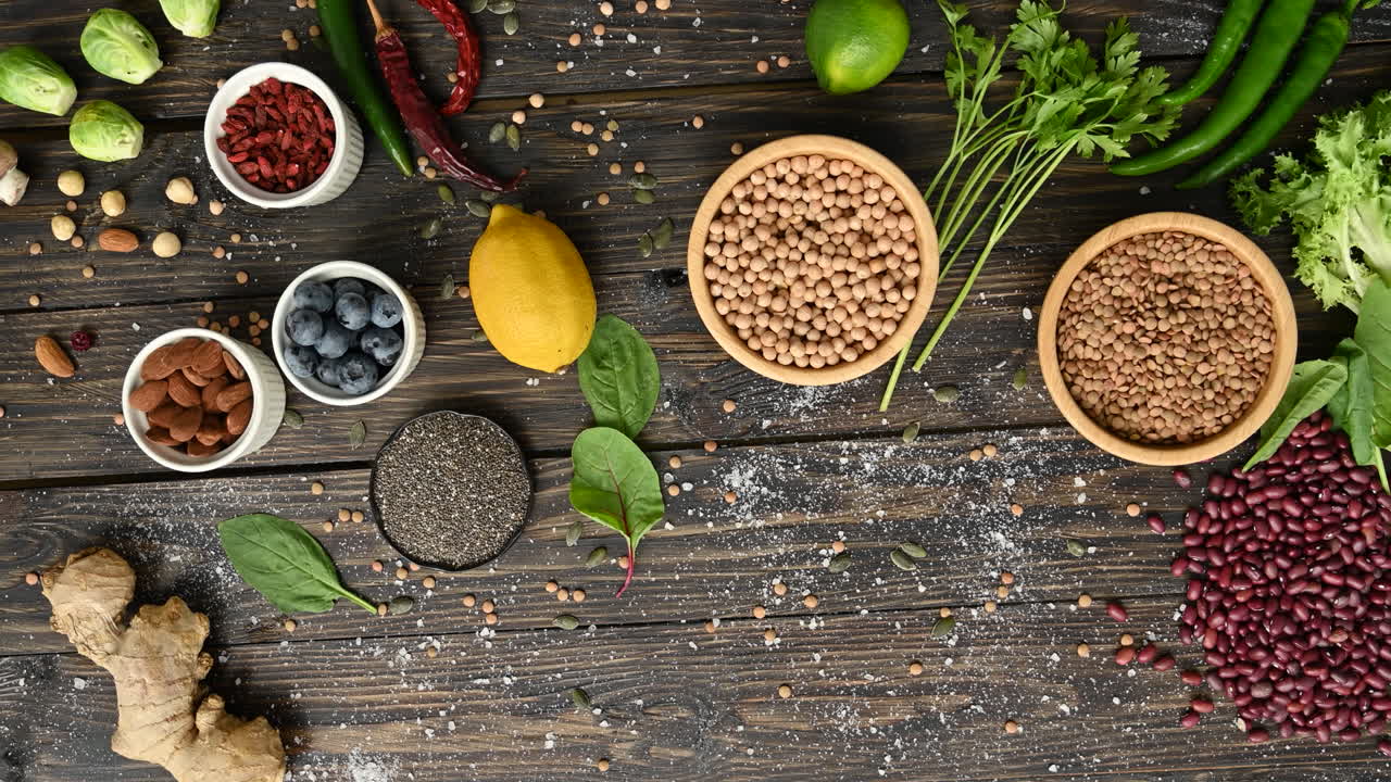 Diversi tipi di frutta, verdura e fagioli su una superficie in legno
