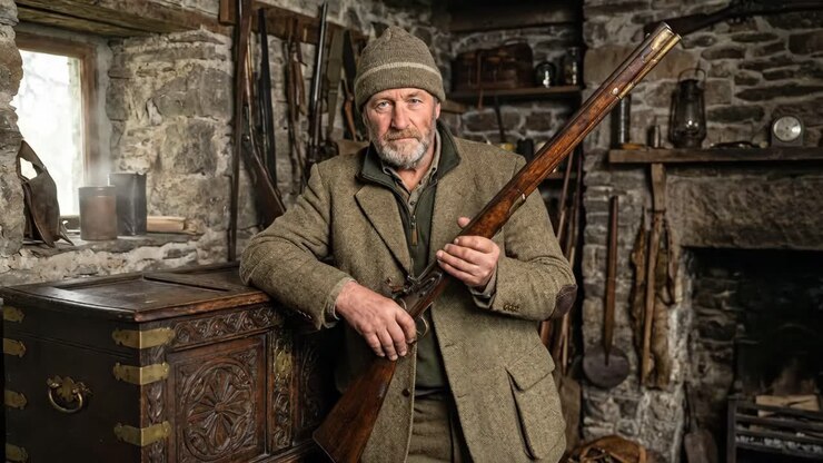 Uomo barbuto in giacca di tweed che tiene in mano un fucile vintage in un laboratorio rustico
