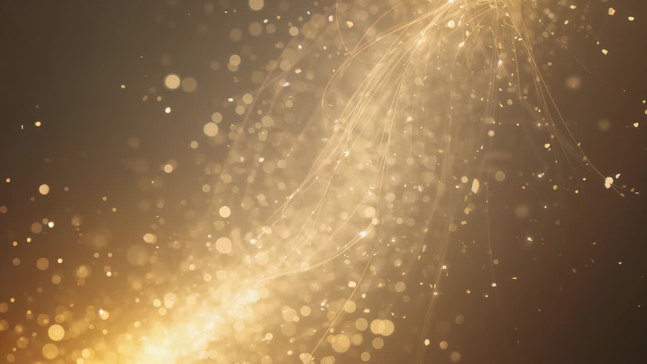 Starting lower-left emission projecting warm golden ribbon across dark backdrop, spreading motes