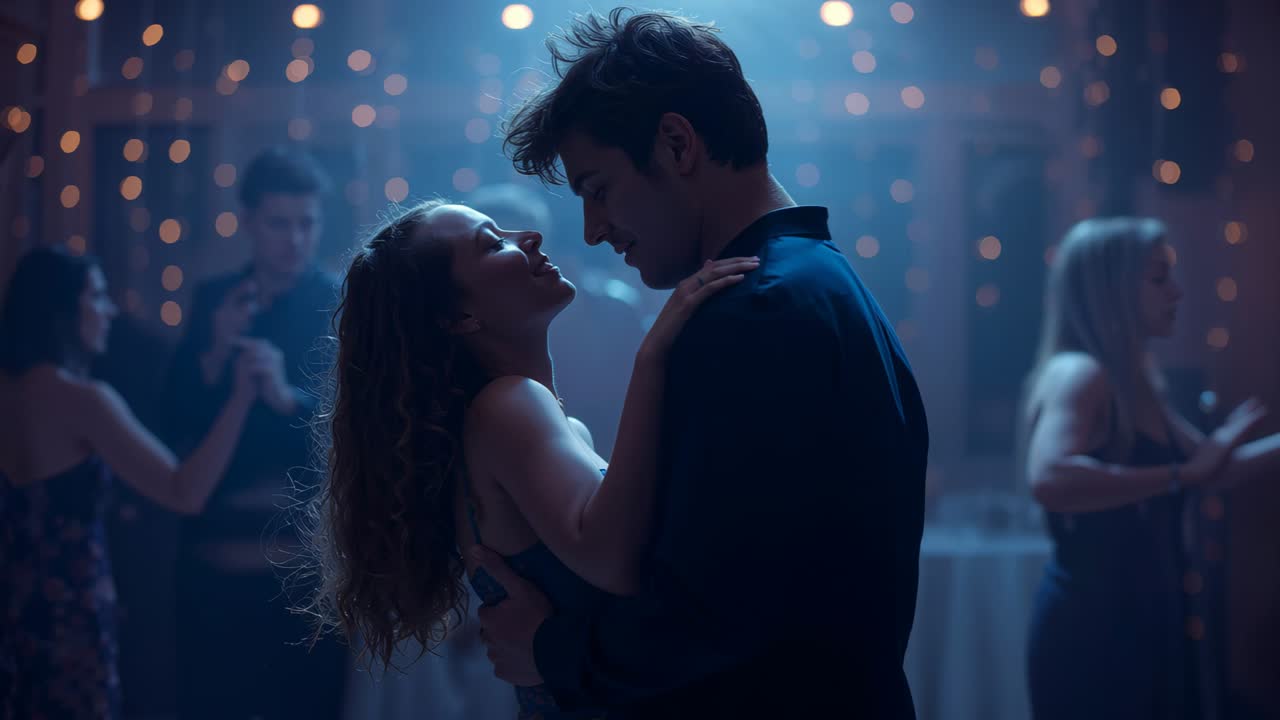 Dancing couple slow song playing in hall strappy-dress woman pressing foreheads near string lights