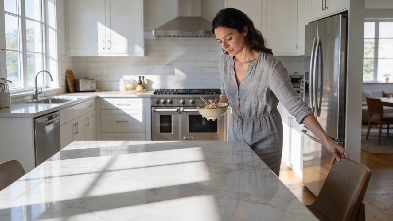 Donna che guarda ciotola e cucchiaio, tira una sedia all'isola della cucina, li porta alla bocca e mangia.
