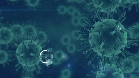animación de células de macro coronavirus que se propagan sobre un fondo azul.