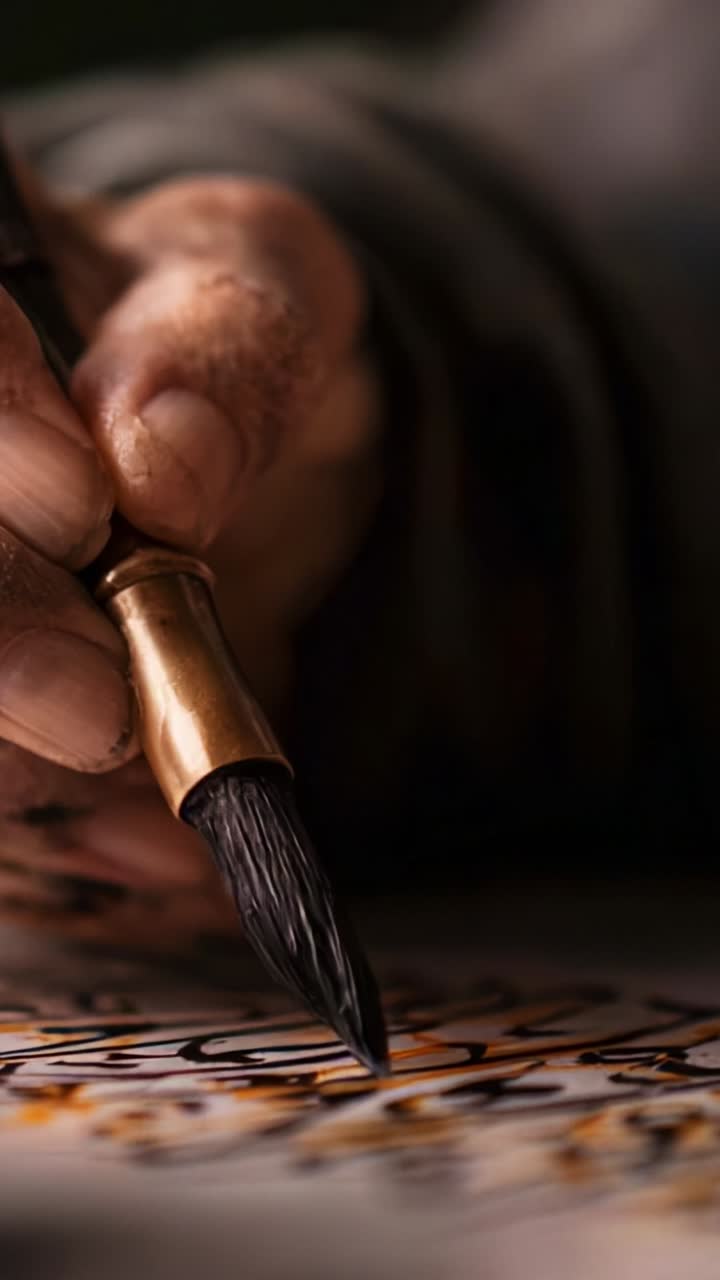 A Skilled Hand Delicately Paints Intricate Patterns with a Fine Brush on Textured Paper, Showcasing the Artistry and Precision of Traditional Calligraphy Techniques