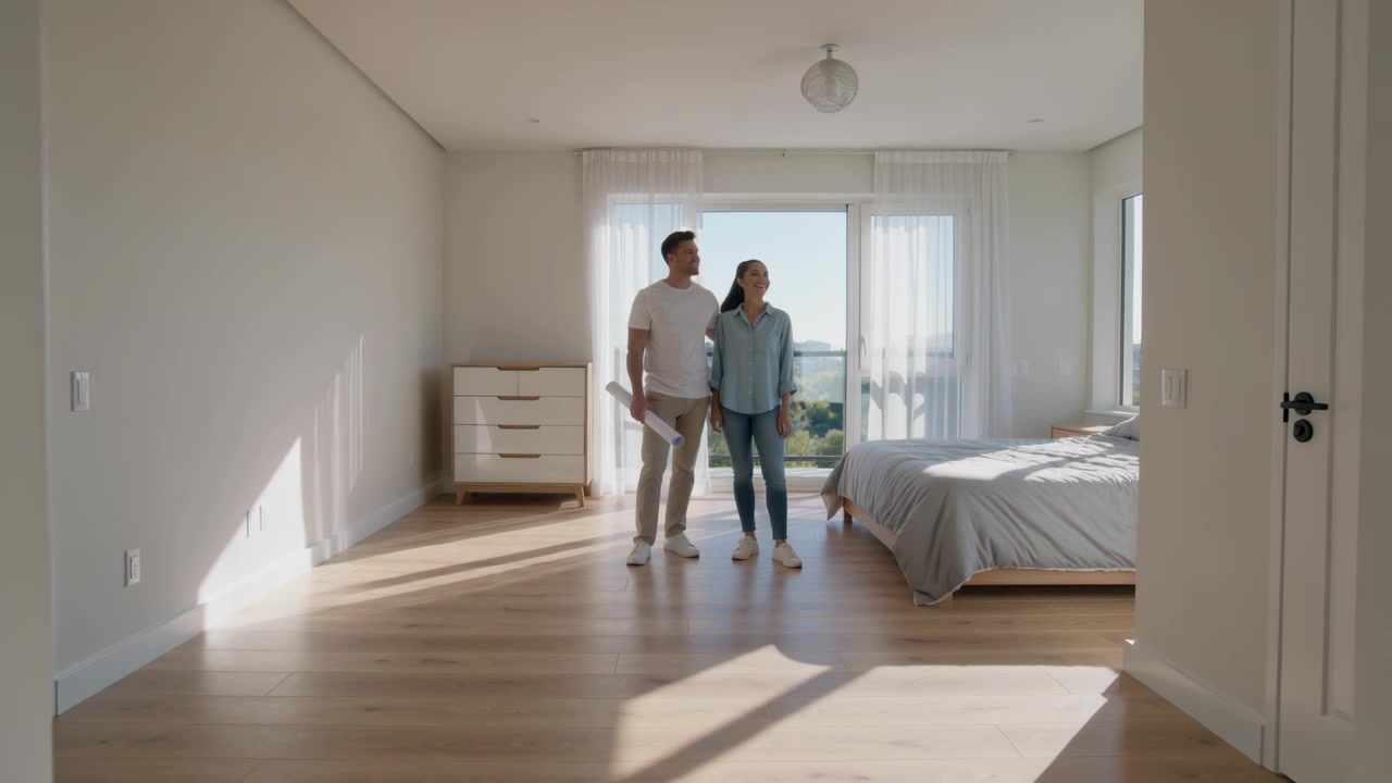 Inspecionando um plano enrolado, casal com roupas casuais examinando o quarto, planejando o layout da cama e da cômoda.