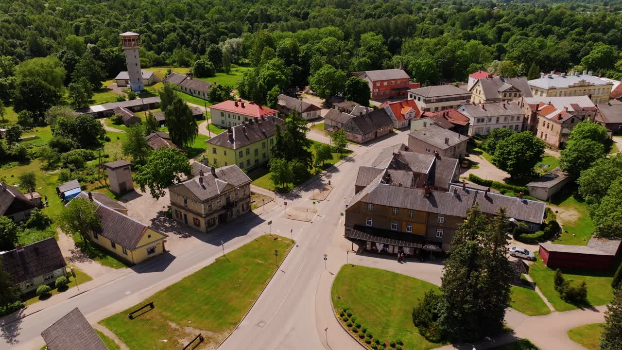 Summer aerial view of Aizpute Latvia showing central streets, wooden houses
