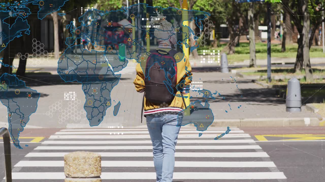 Animation of map, shapes, circuit board pattern, albino african american man crossing street