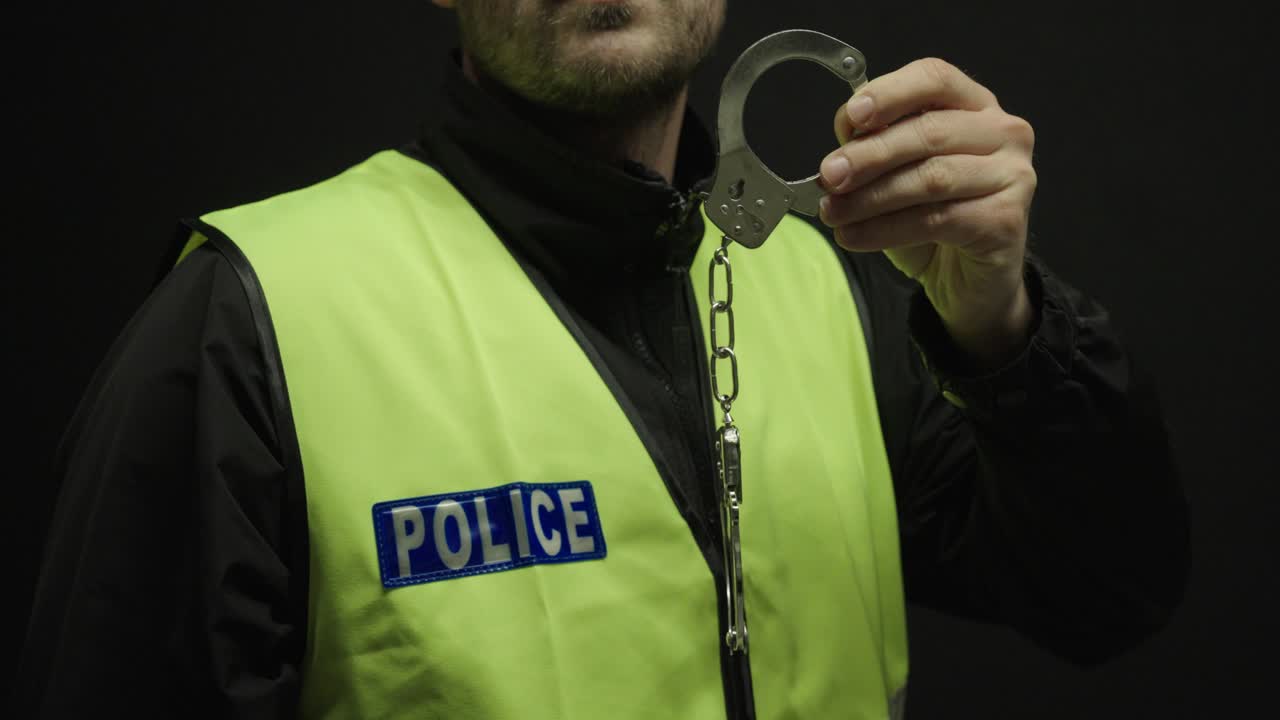 Close-up of a police officer wearing a safety vest while holding handcuffs. Concept of arrest, law enforcement authority, crime control, and public safety