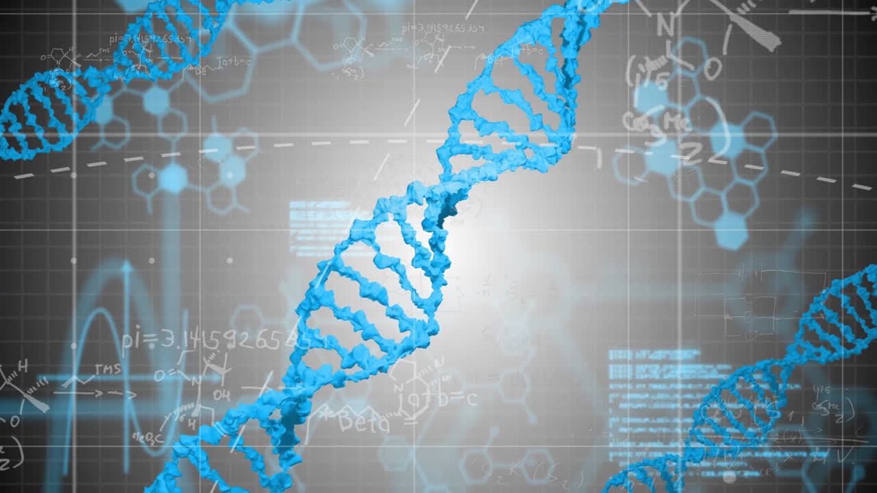 DNA strand and scientific formulas, data processing animation