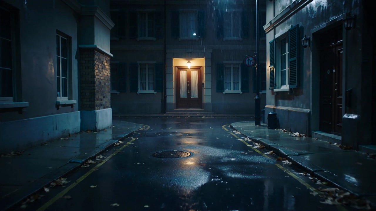 Showing wet city lane in rain reflecting warm doorway glow at night, with puddles and manhole
