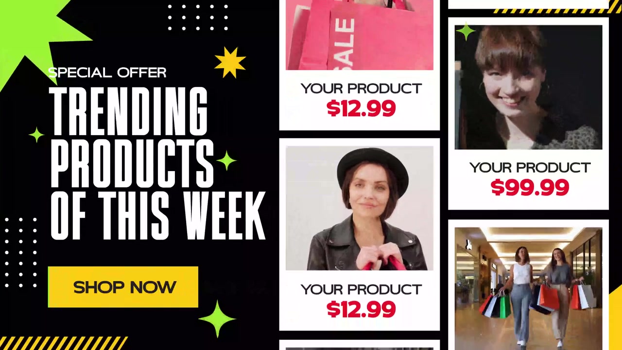 E-commerce Promotion Featuring Trending Products and Happy Shoppers