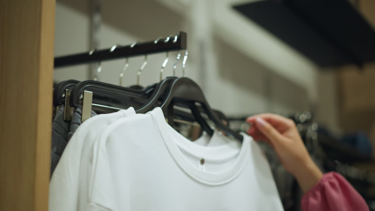 Hand wearing pink cloth reaches for a white top from a clothing rack, ash trouser is seen behind in a brightly lit store, with a blurred background showing other clothes neatly arranged on shelves