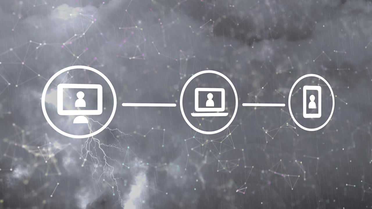 구름과 번개와 함께 하늘 위의 아이콘과 연결 네트워크의 애니메이션