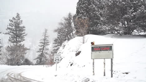 closed icy snowy road sign in rural american countryside on cold winter season