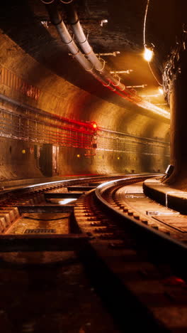 a view down a dark subway tunnel with train tracks and lights