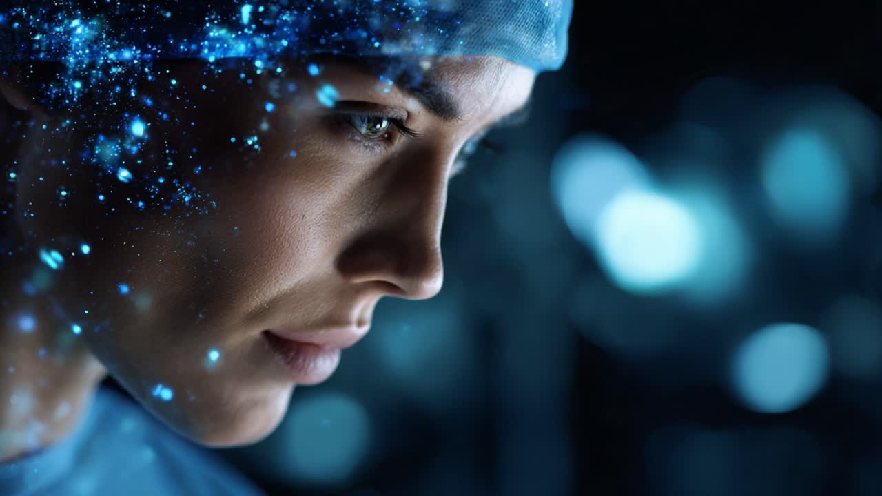 A focused medical professional surrounded by blue digital elements, representing innovation and the future of healthcare, highlighted in a thoughtful moment of concentration