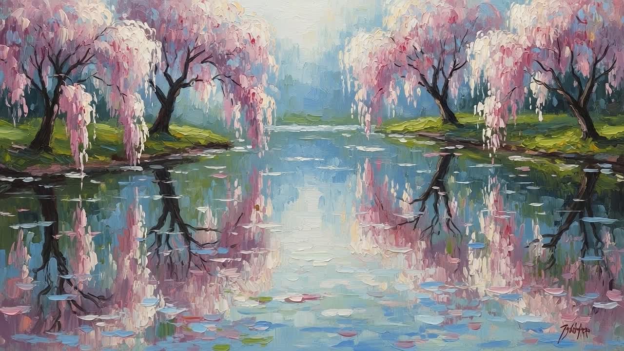 Serene Reflection: A Tranquil Landscape of Cherry Blossom Trees Surrounding a Calm Lake, Capturing the Beauty of Nature in Stunning Detail