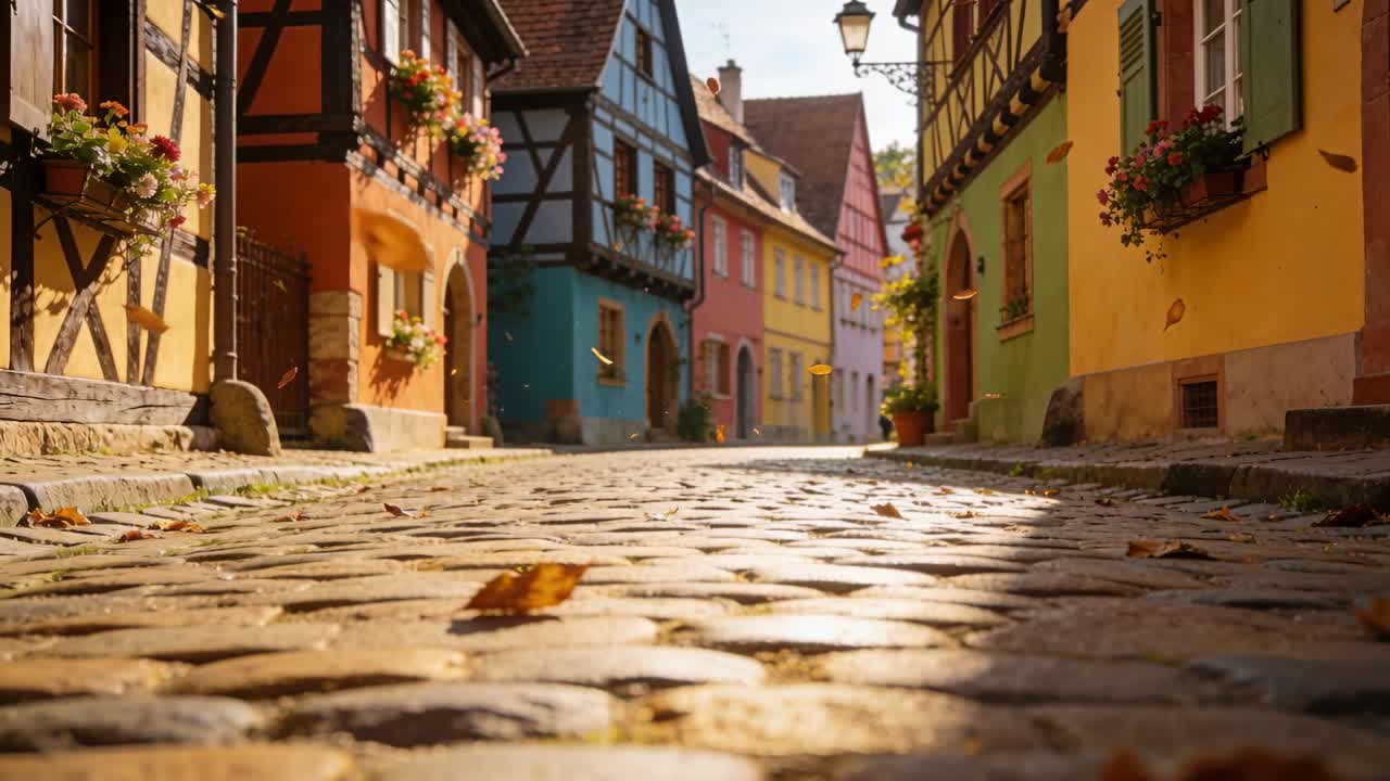 Breeze lifting dry leaves and camera moving forward along cobblestone street, revealing facades