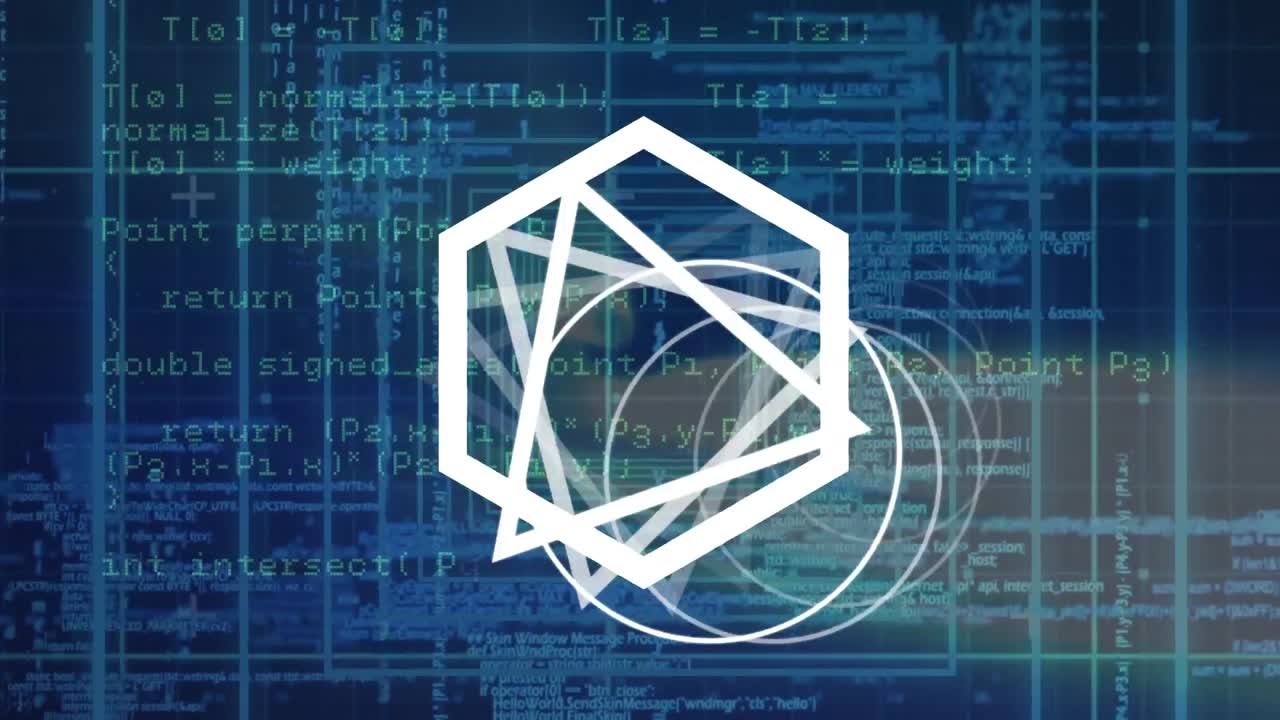 Animation of geometric shapes rotating over data processing in blue space