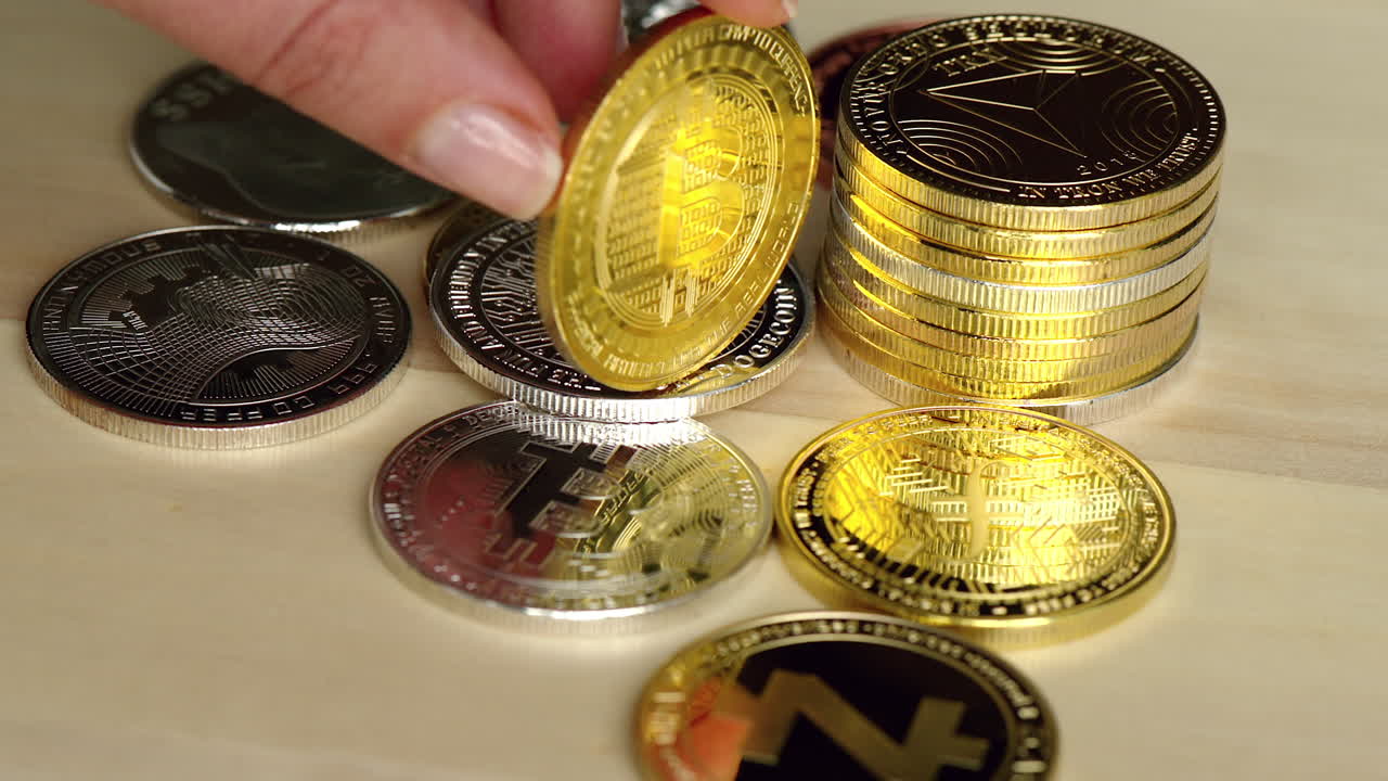 Woman playing with crypto coins with golden bitcoin, close up
