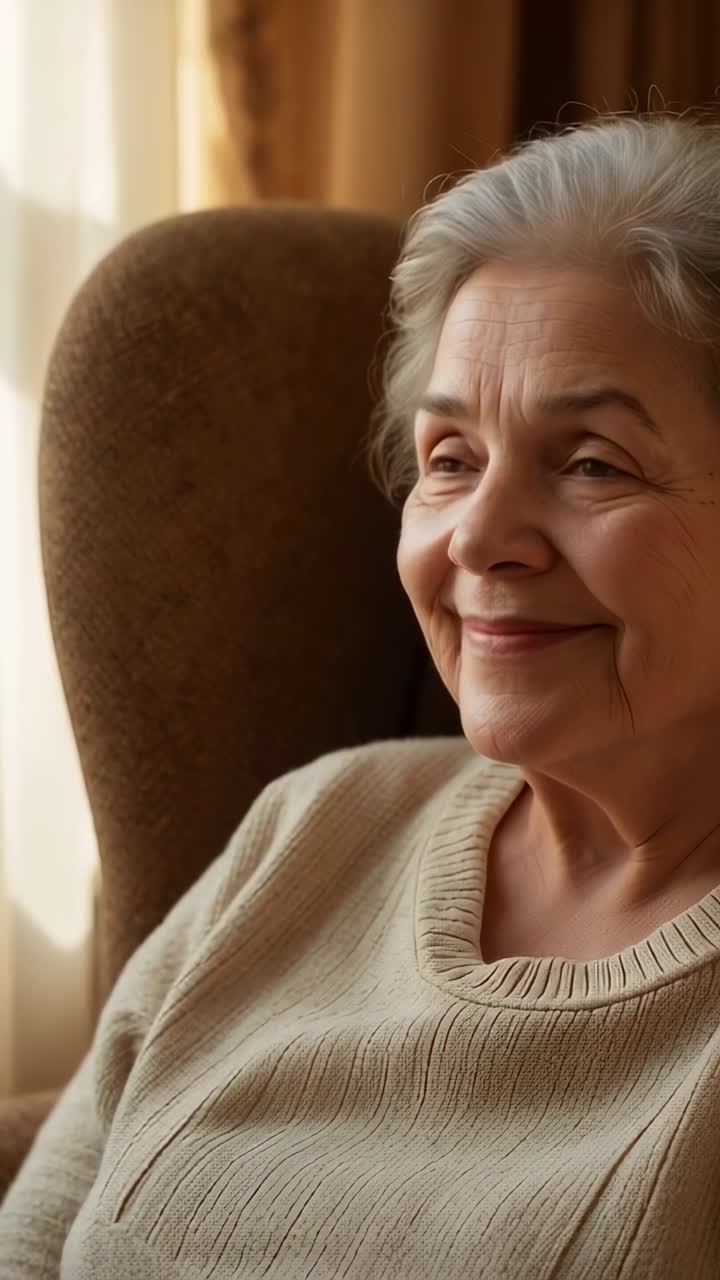 Vídeo vertical: Mulher idosa reagindo à luz do sol, sorrindo e relaxando em casa, com suéter creme.