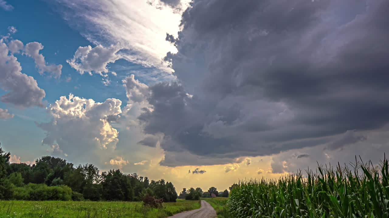 toma de lapso de tiempo del movimiento de la nube oscura sobre los pastizales a ambos lados de un camino rural durante la noche