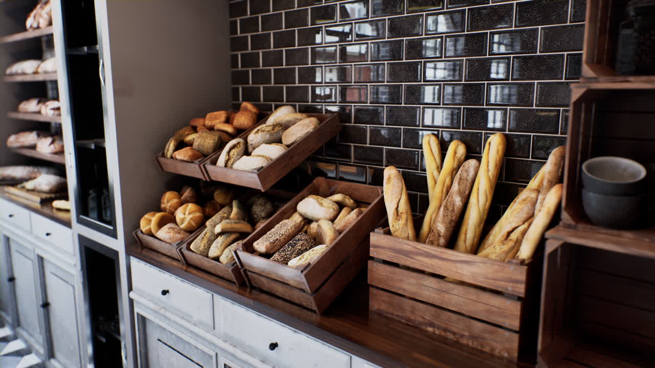 Fresh bread on shelves in bakery