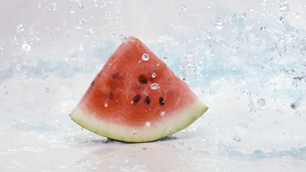 salpicaduras de agua fresca en la sandía roja. filmado con una cámara súper lenta de 1000 fps.