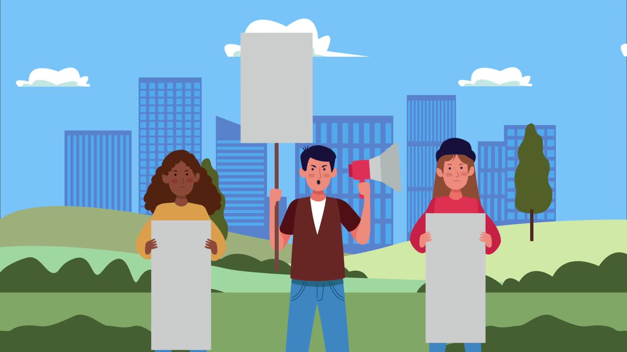 인종 간의 사람들이 배너와 메가폰 문자를 들고 시위를 벌이고 있습니다.