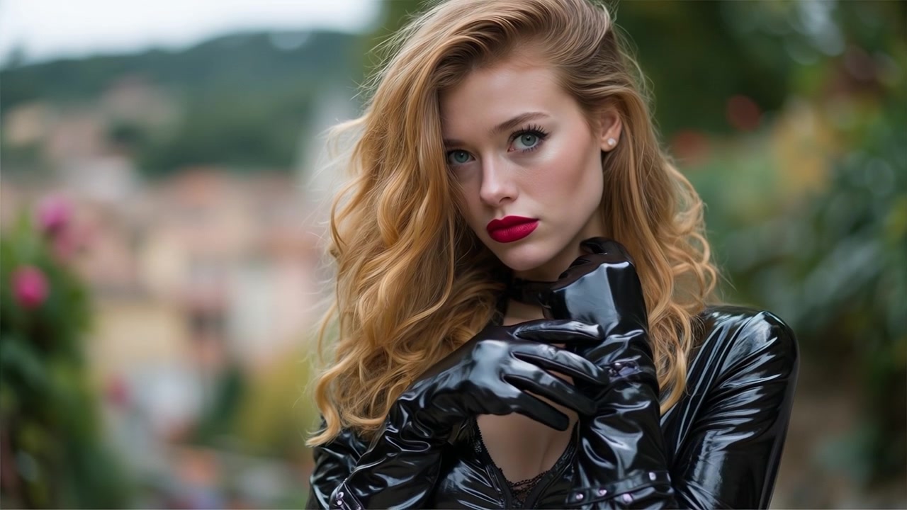 Portrait of a beautiful woman in a black glossy outfit and gloves looking at the camera