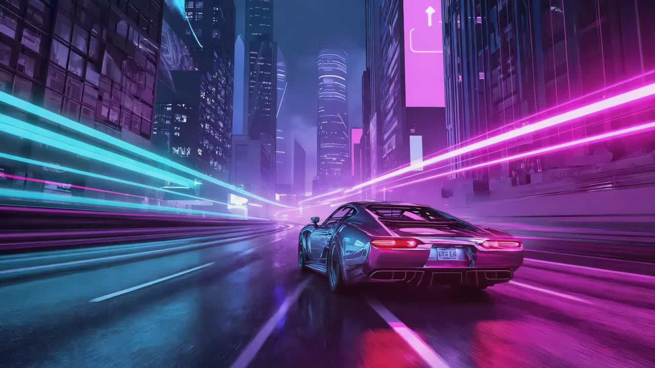 Auto futuristica che attraversa una città cyberpunk al neon di notte
