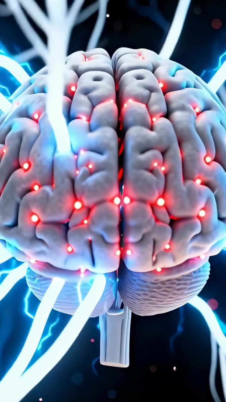 Vertical video: Rotating camera showing brain pulsing red nodes and sending blue arcs in dark void
