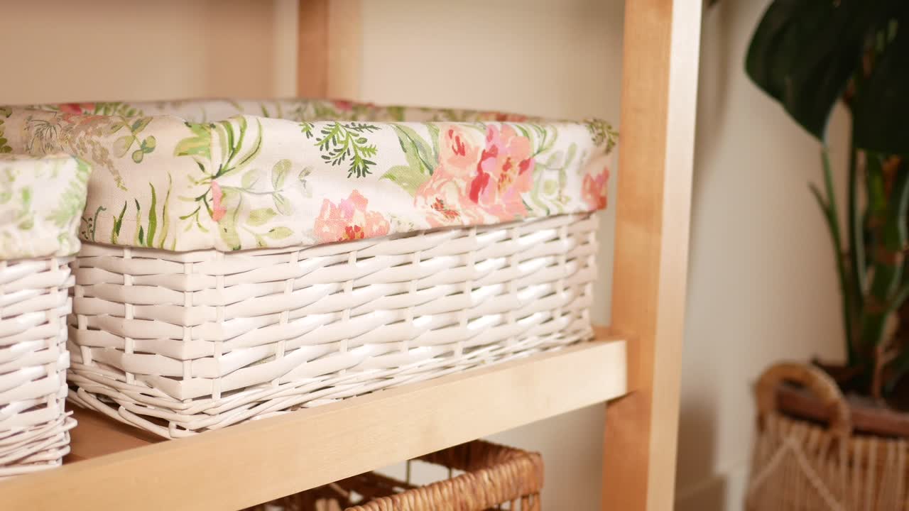 Wicker baskets with floral liners on a shelf