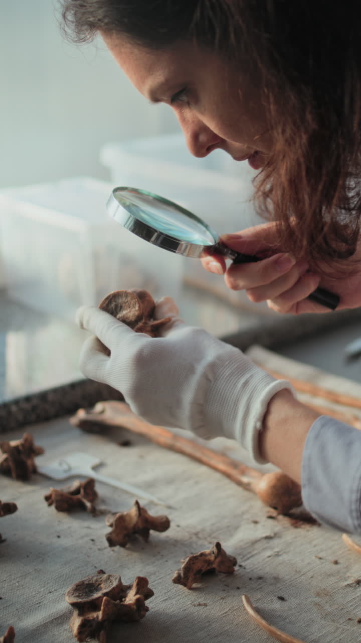 científico examinando fósiles en un laboratorio