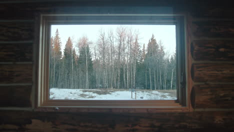 log cabin window centered to show perfect snowy tree line outside