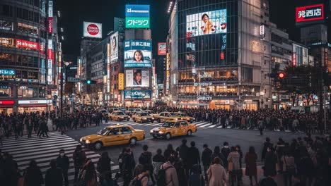 busy night street scene with pedestrians and taxis in a vibrant city, likely tokyo