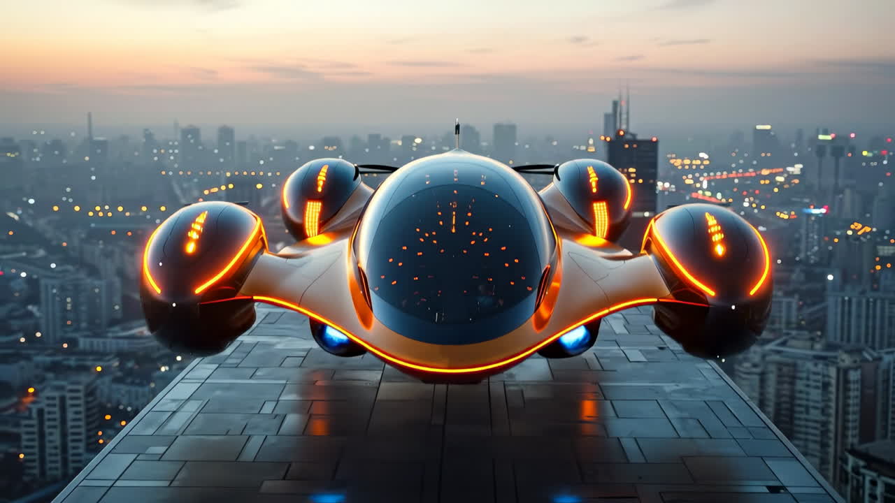 Flying vehicle over skyline. A futuristic flying vehicle glides through a vibrant sunset, hovering above a bustling city filled with lights