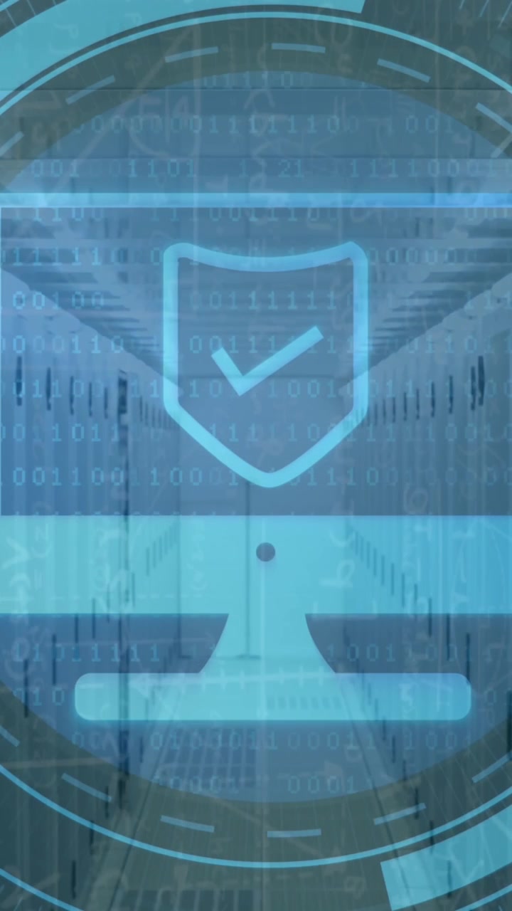 Animation of computer icon and data processing over server room