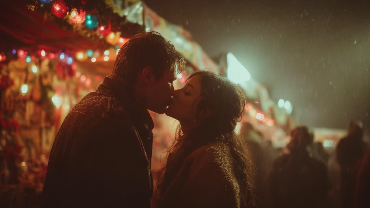 A Romantic Encounter in the Rain: Capturing the Intimate Moments Between Two Lovers Amidst Colorful Lights and a Festive Night Market Atmosphere