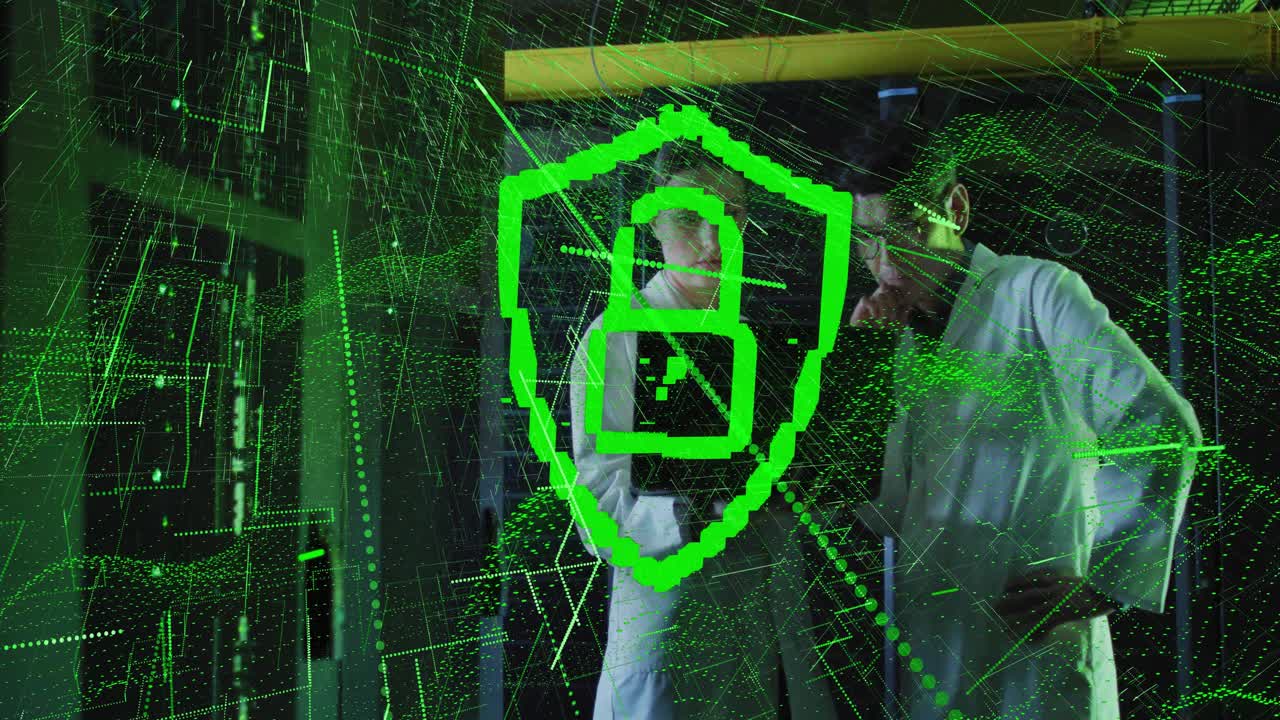 Digital security shield animating over scientists working in school laboratory