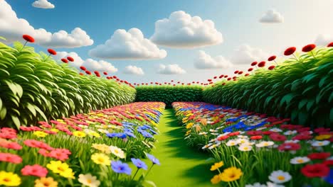garden view from elevator. brightly colored flowers stretch across a lush garden visible through open elevator doors under a clear sky.