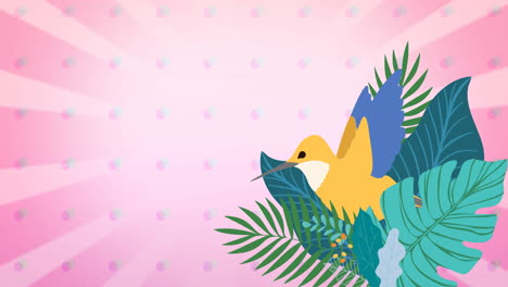 animación de colibrí y hojas de plantas tropicales en fondo a rayas rosadas