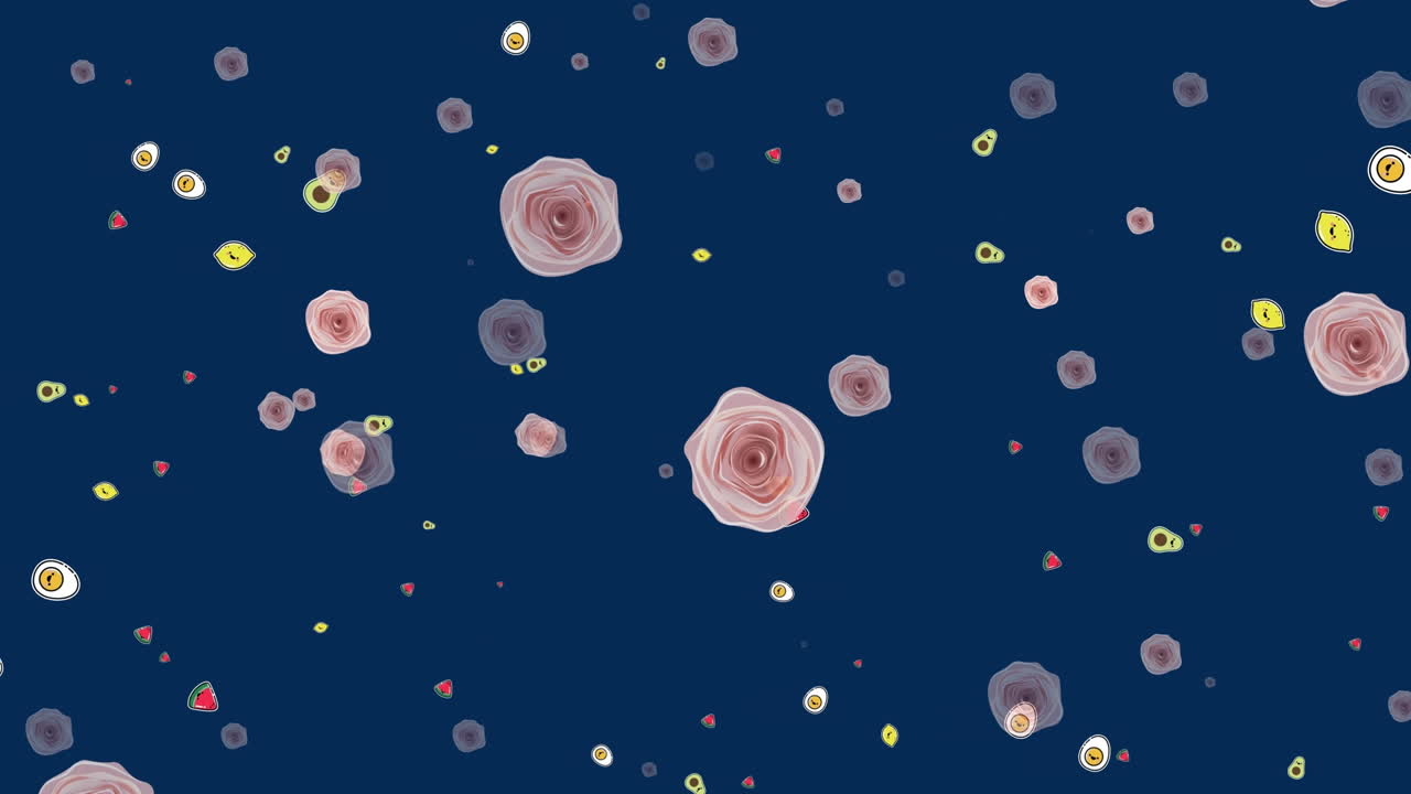 animación de flores que caen y comida en fondo oscuro