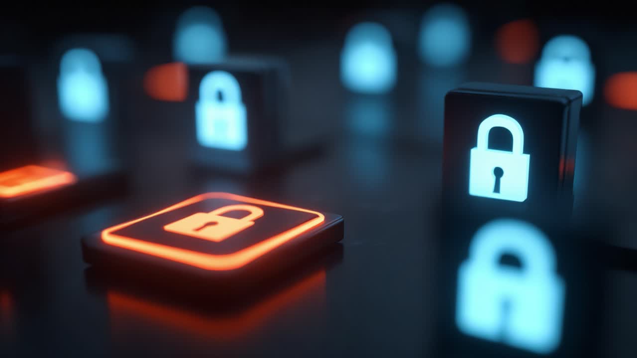 Exploring the Concept of Digital Security: A Mesmerizing Visual Representation of Lock Symbols Illuminated with Neon Colors