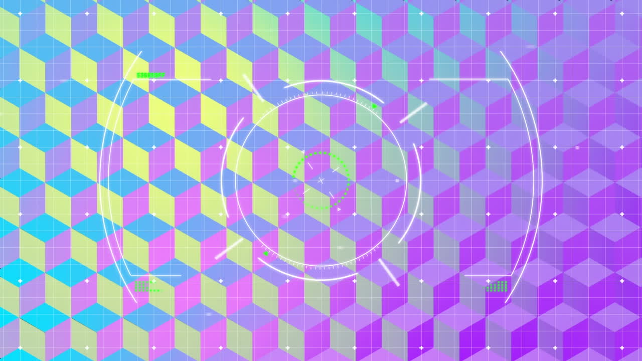 파란색, 노란색 및 보라색 2d 패턴 배경에 회전하는  ⁇ 색 원형 범위의 애니메이션